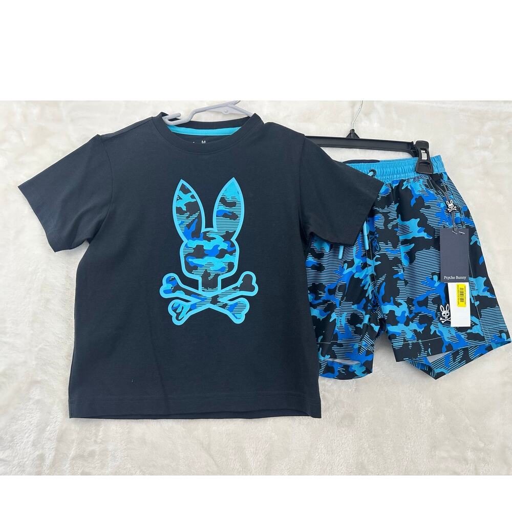 NWT Psycho Bunny 2pc Top Swim Trunk Set Boys 5 6 Navy Camo